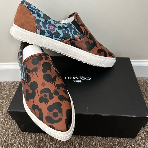 Coach Wild Beast Sneakers Nappa leather floral leopard print slip on 7 new - Picture 2 of 5